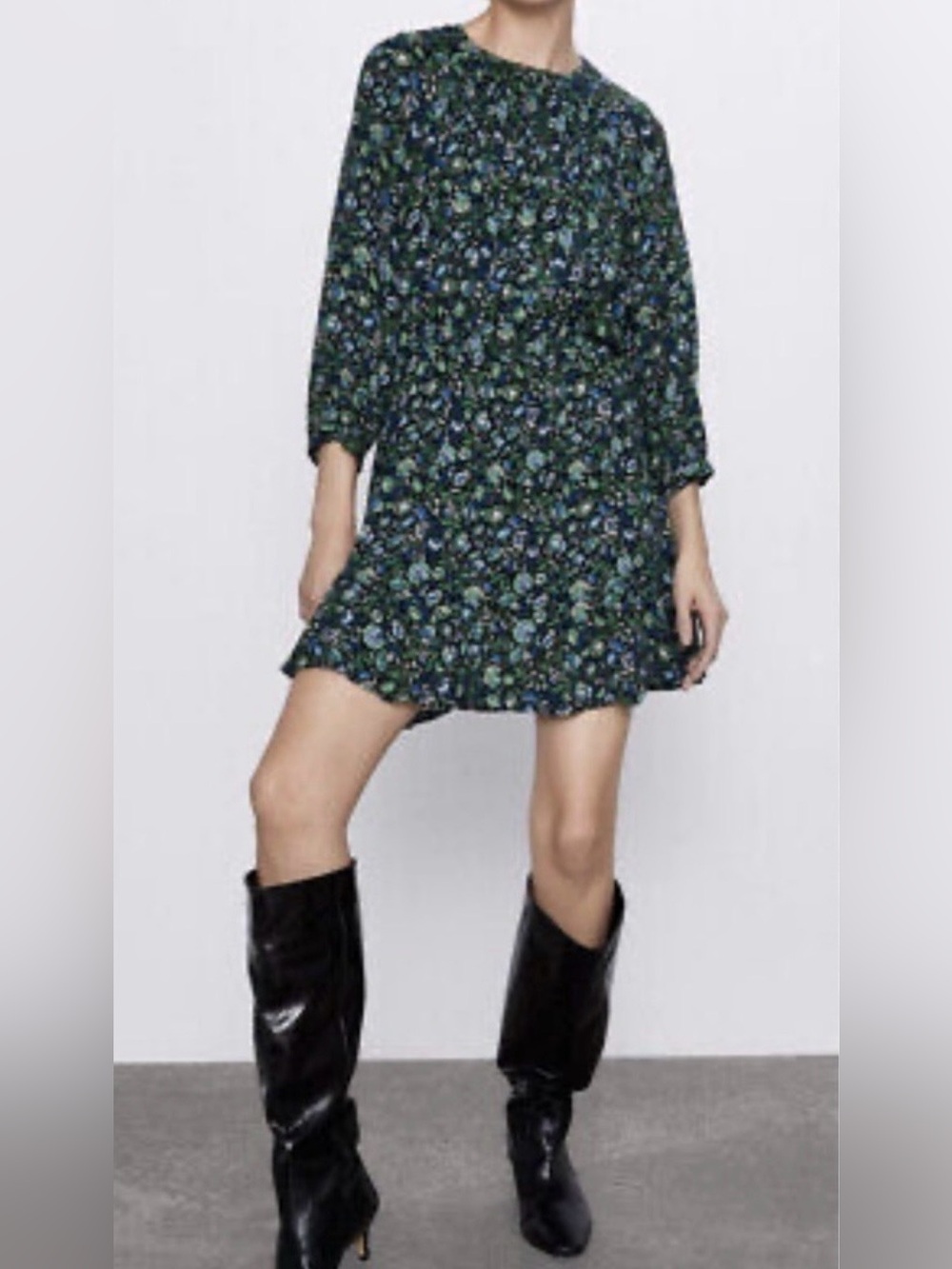 Zara Dark Green Women’s Floral Ruffle-Hem Mini Dress. Sz M. Like New